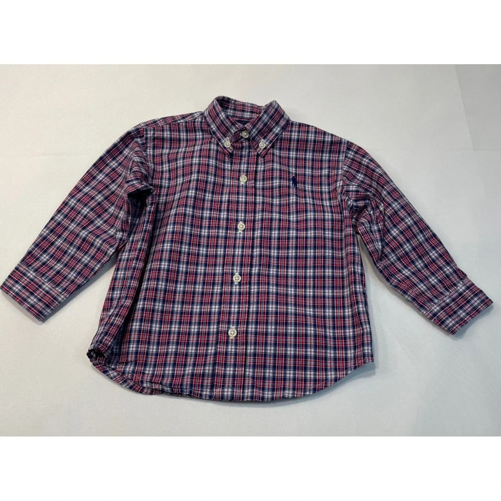 Ralph Lauren Kids Plaid Button Down Shirt‎ Long Sleeve Red Blue White Pony 24M
